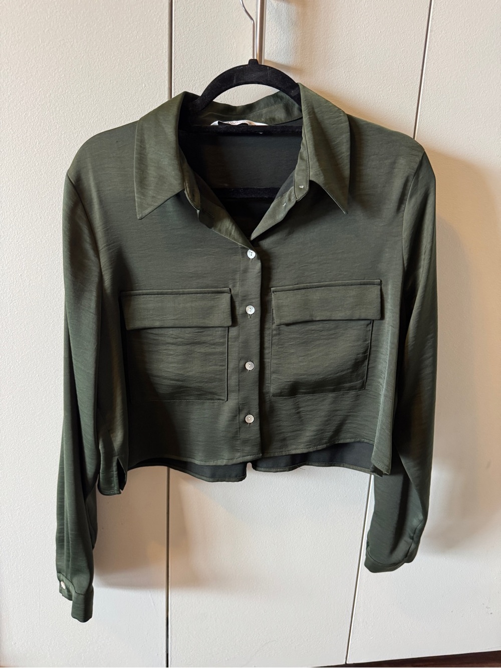 Zara Olive Green Cropped Button-Down Shirt